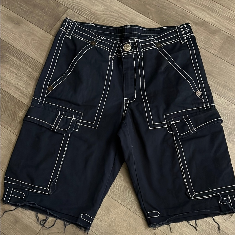 True Religion Black Cargo Shorts with Adjustable Hem